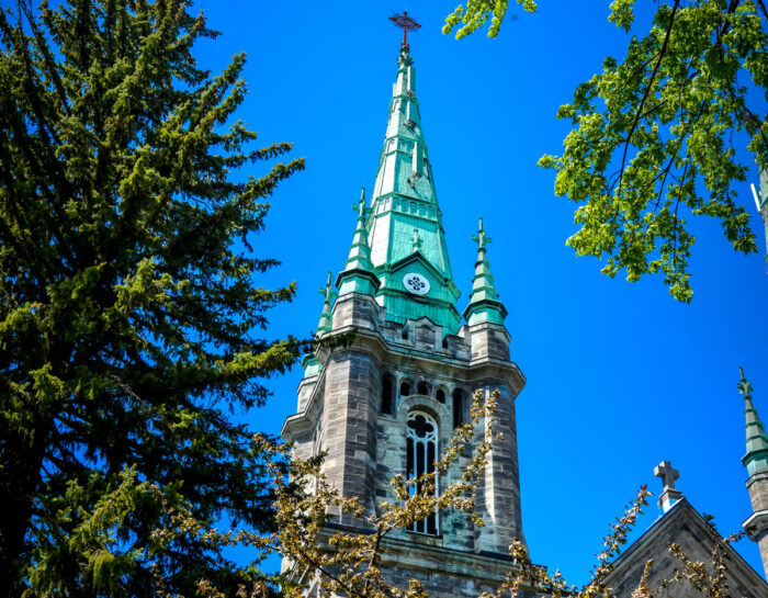 Oxidized copper gable of the cathedral of Saint-Hyacinthe seen between the foliage of the trees.