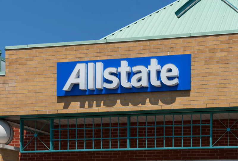 Close up of Allstate sign at its office in Oakville, ON, Canada.