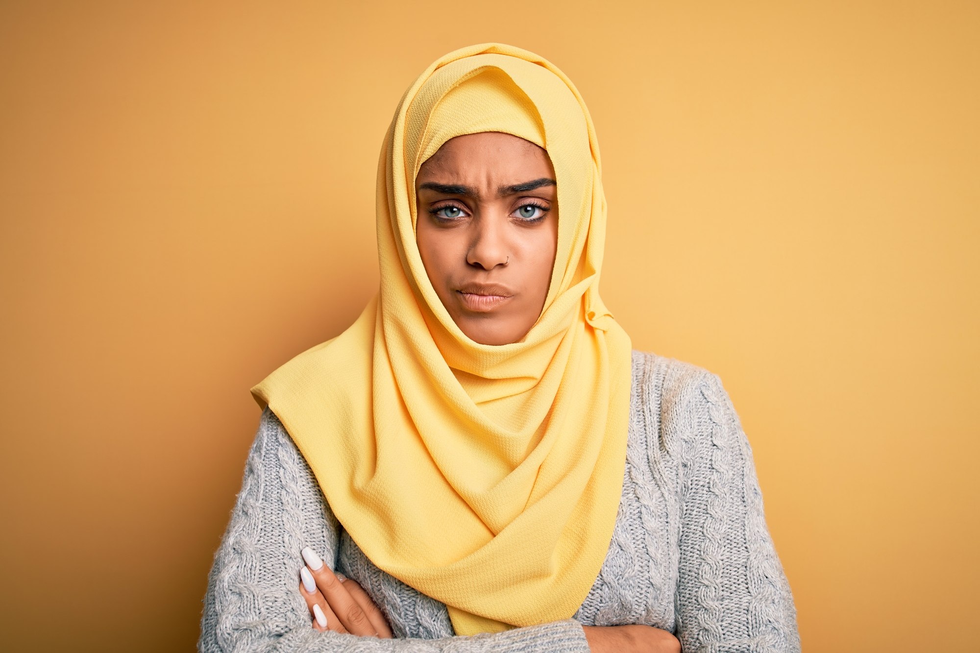Upset woman in hijab regarding the bill 21 protests over Quebecs religious symbols ban